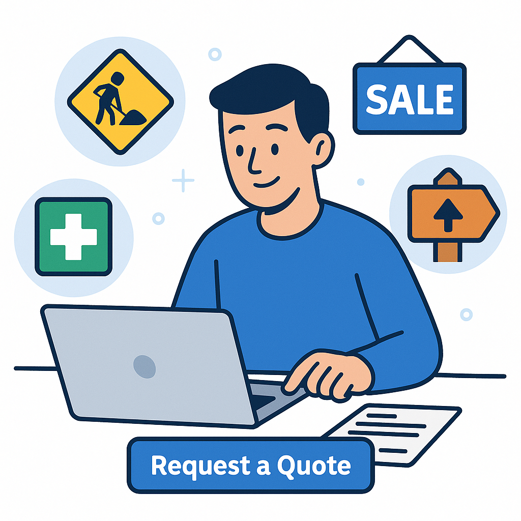 Person requesting a signage quote online surrounded by different signage icons